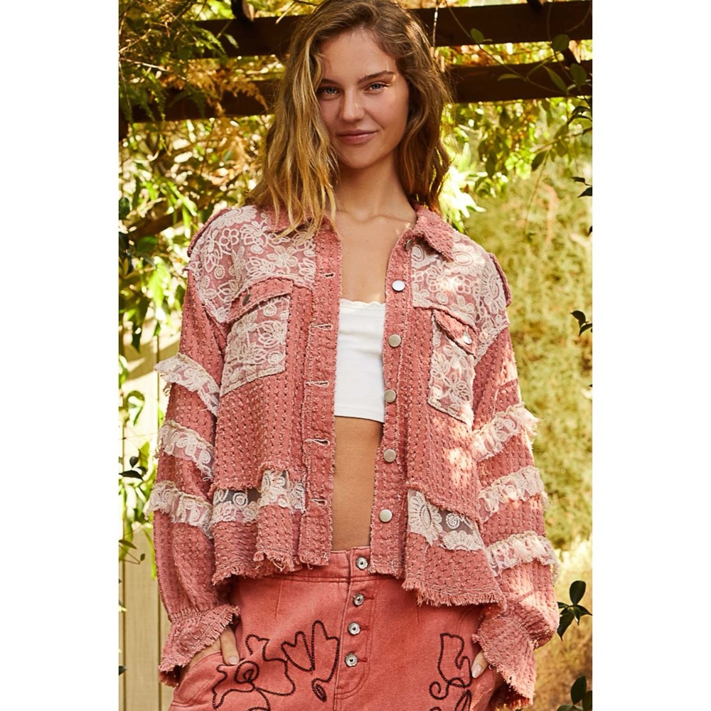 POL Coral Pink Twill & Lace Patchwork Jacket | Button Front Balloon Sleeves - Picture 5 of 6